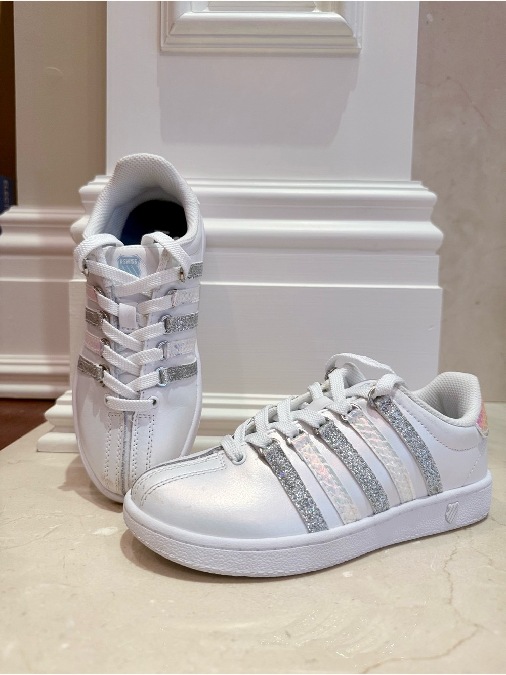 K-Swiss Girls White Silver Glitter Iridescent Sneakers US 1 EU 32.5